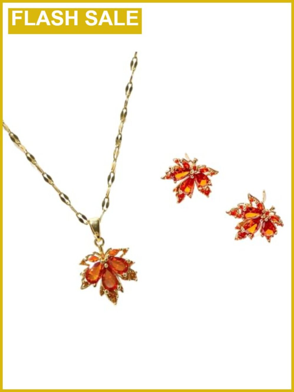 Gold Plated Crystal Maple Leaf Necklace Earrings Set Women Fall Jewelry Gift
